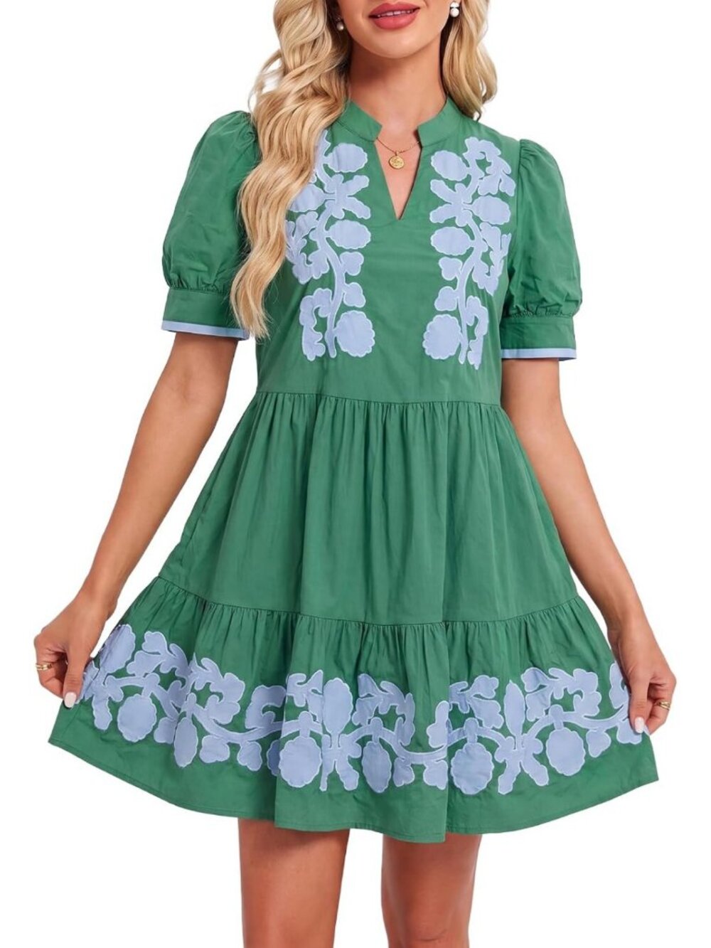 Embroidered Summer Mini Dress | Puff Sleeve V-Neck Babydoll Style for Women